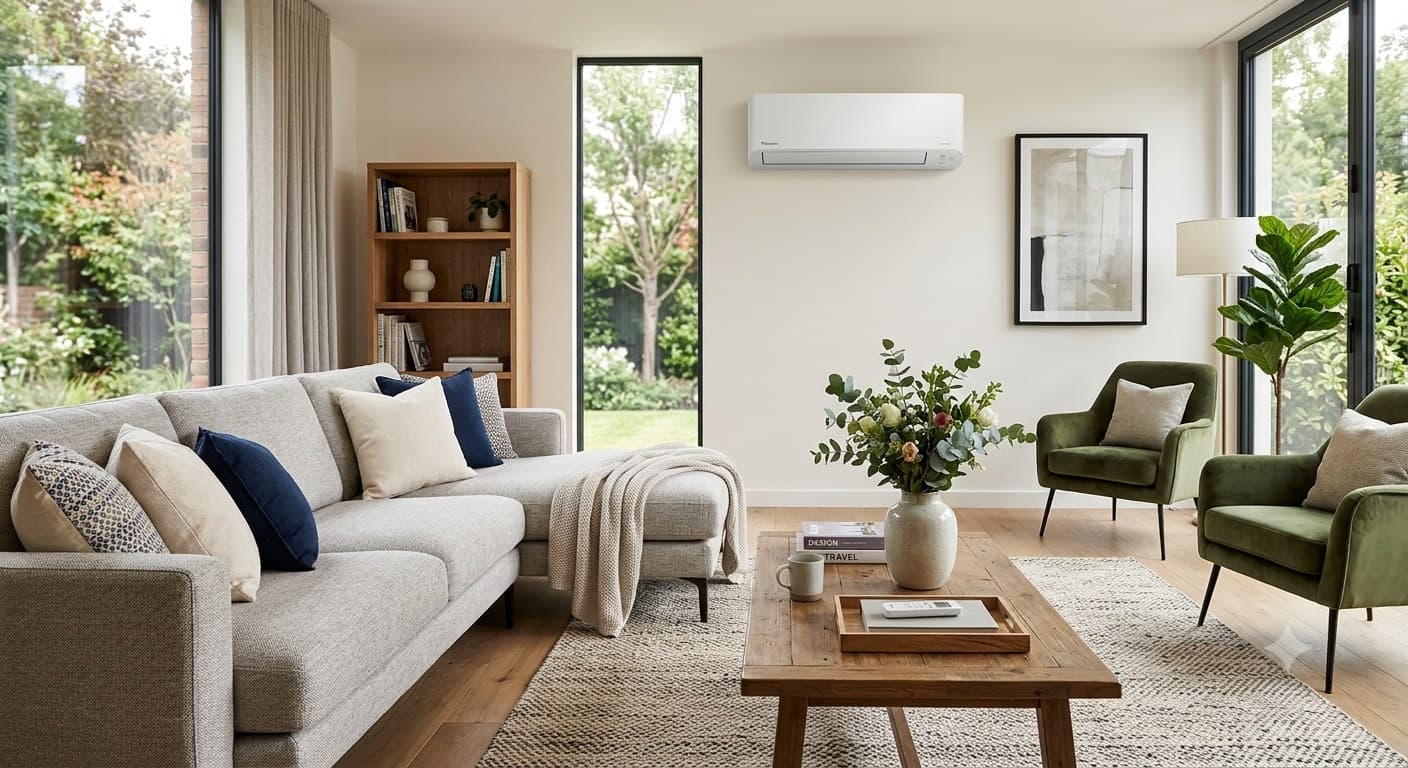 Bright open-plan living room kept comfortable by a wall-mounted split-system air conditioner