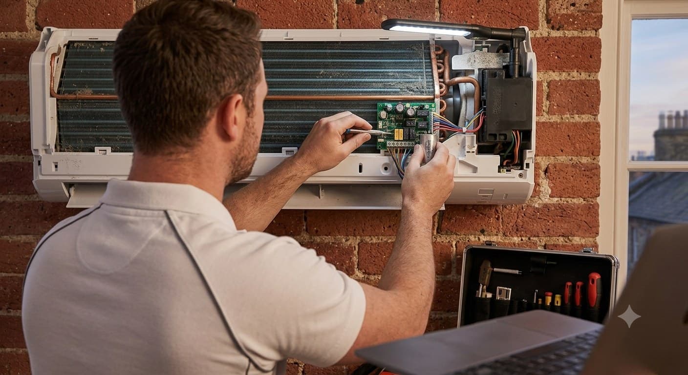 Air Con Solutions technician servicing the internals of a wall-mounted split system